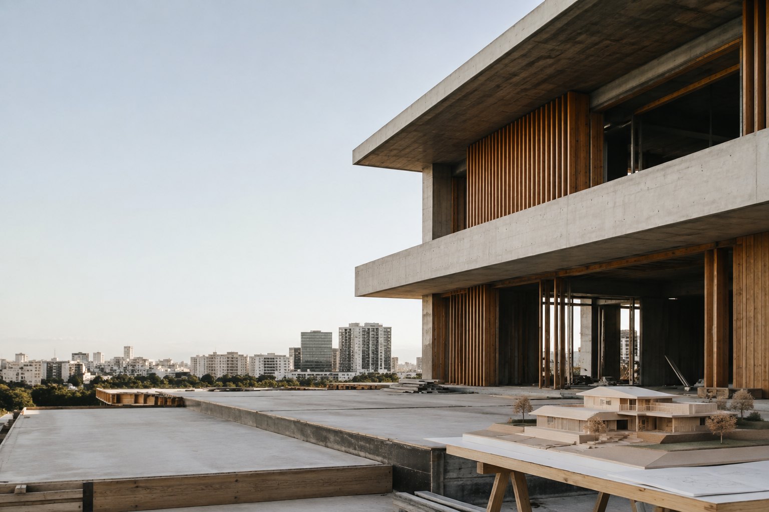 Arquitectura contemporánea y maqueta de proyecto en obra